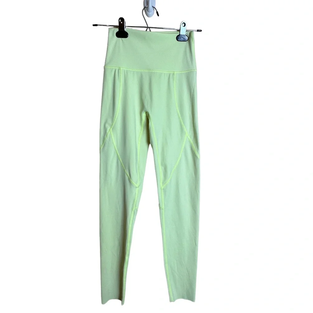Aerie Neon Yellow Green High Rise Raw Hem Full Length Leggings Womens Size Small - Picture 2 of 16